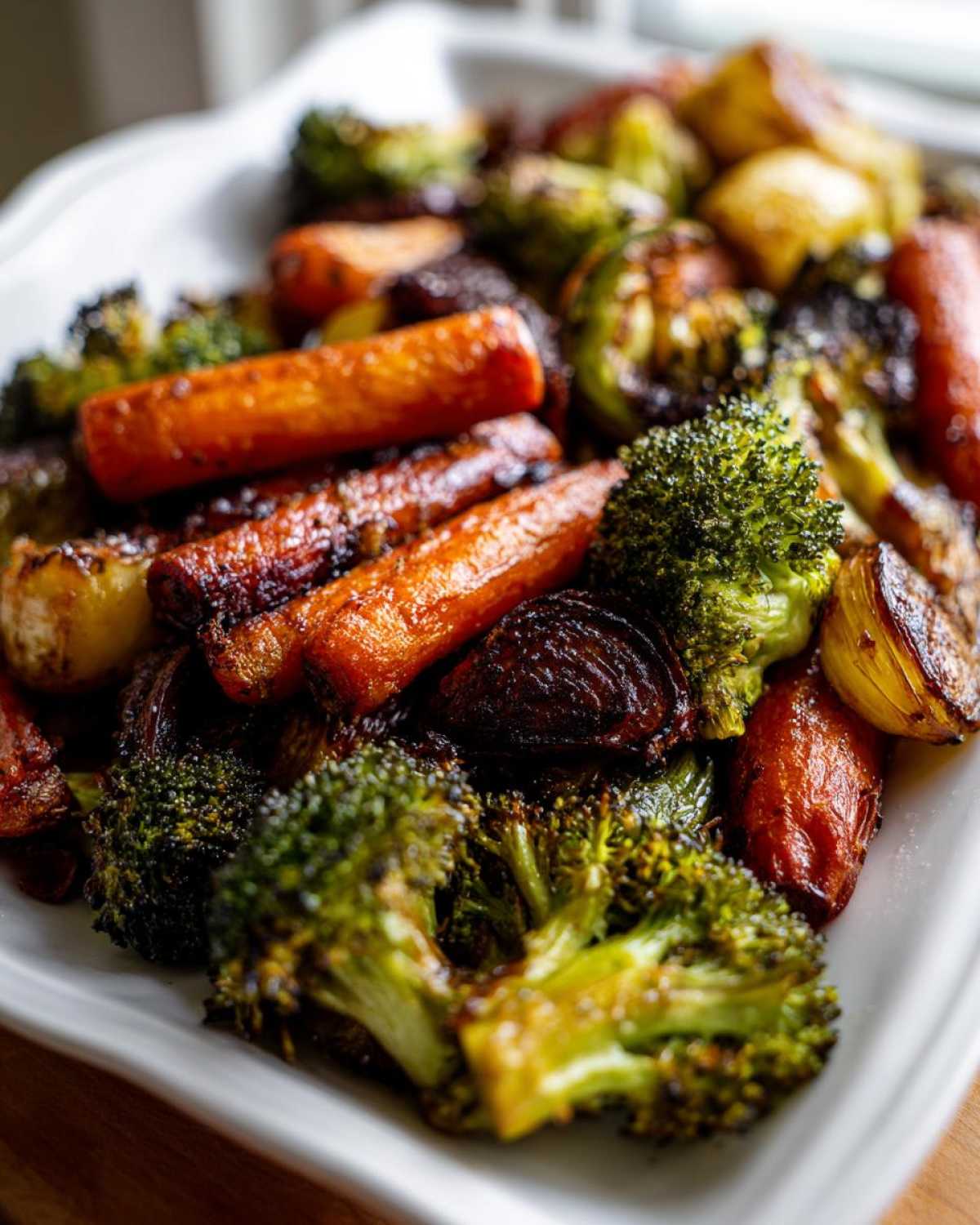 Close-up image showcasing caramelized, crispy roasted vegetables including broccoli florets, carrots, and onions.