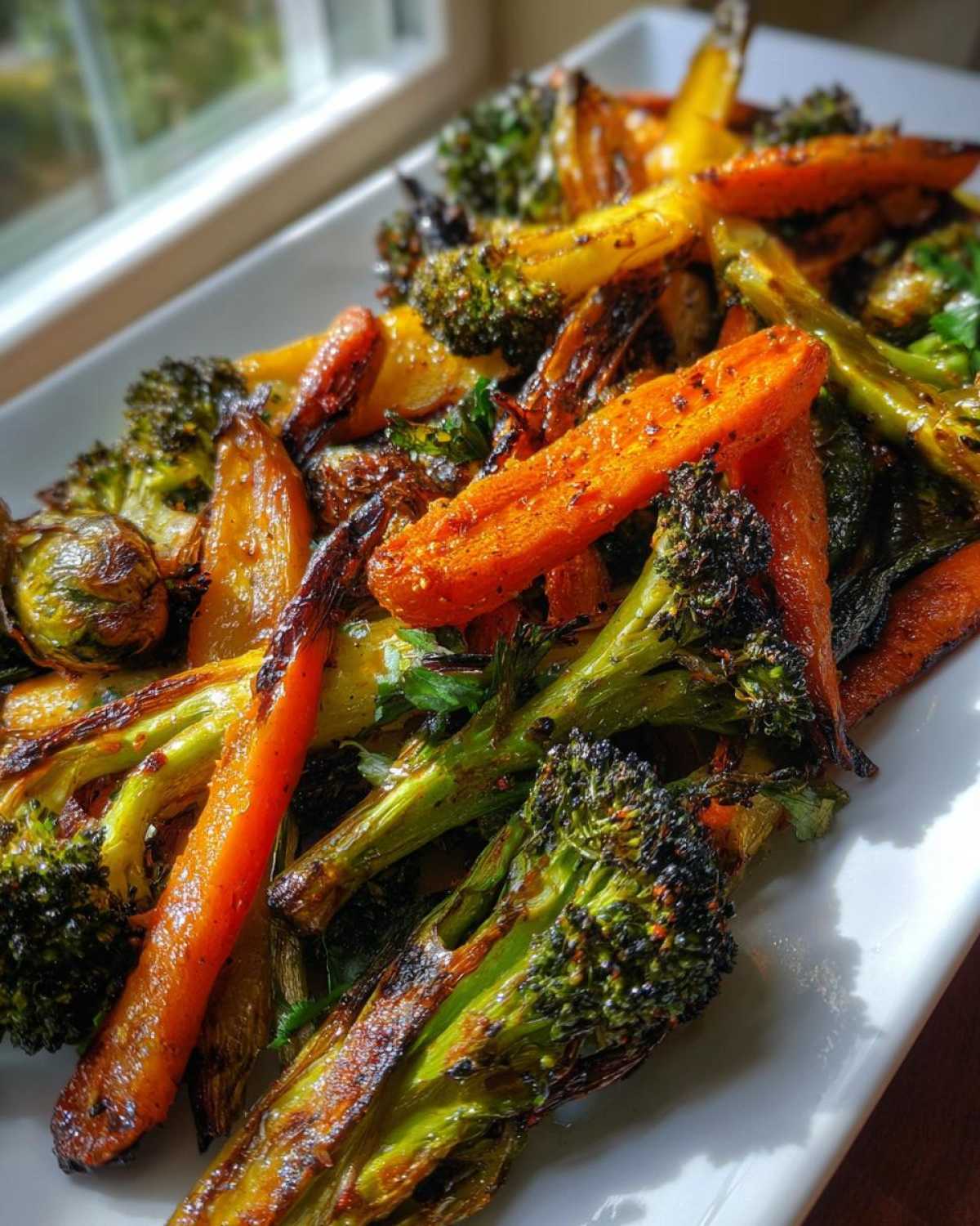 Close-up of perfectly roasted vegetables, including charred broccoli florets and bright orange carrots, seasoned on a white platter.