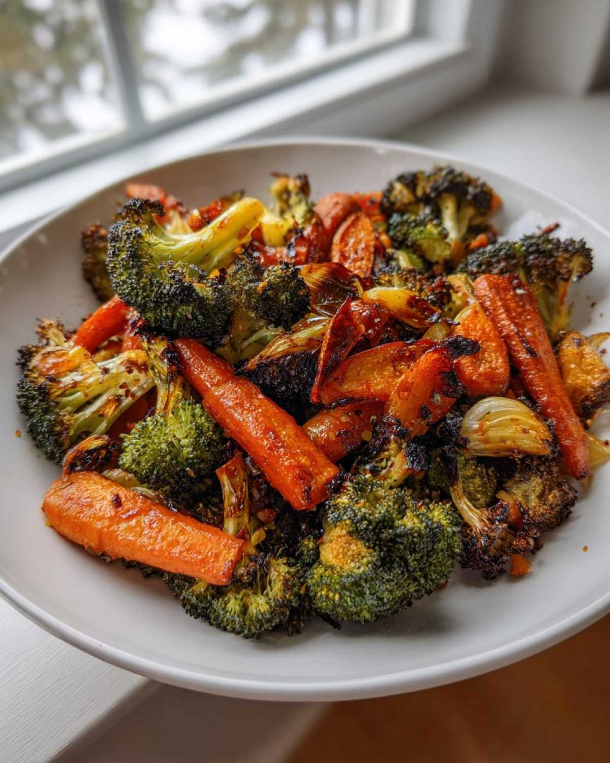 A close-up of perfectly roasted vegetables, featuring caramelized carrots and charred broccoli florets, served in a white bowl.