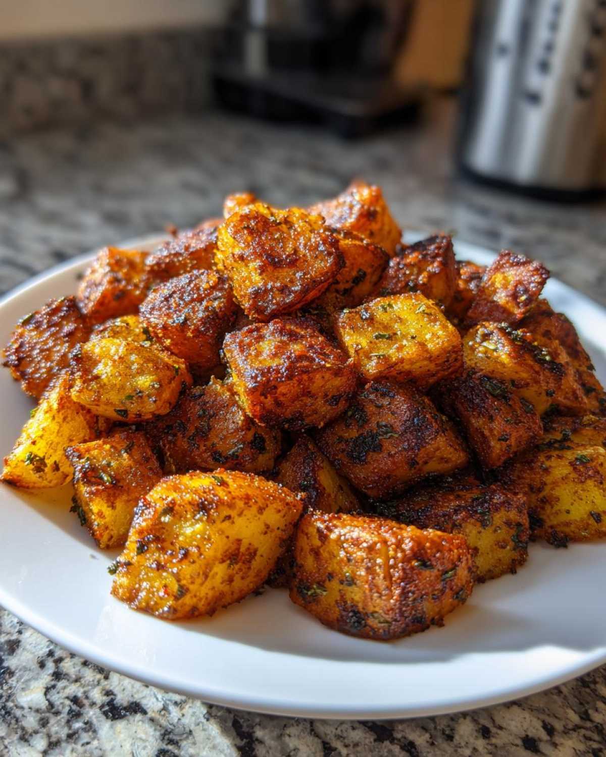 A pile of golden brown, crispy seasoned breakfast potatoes served on a white plate.