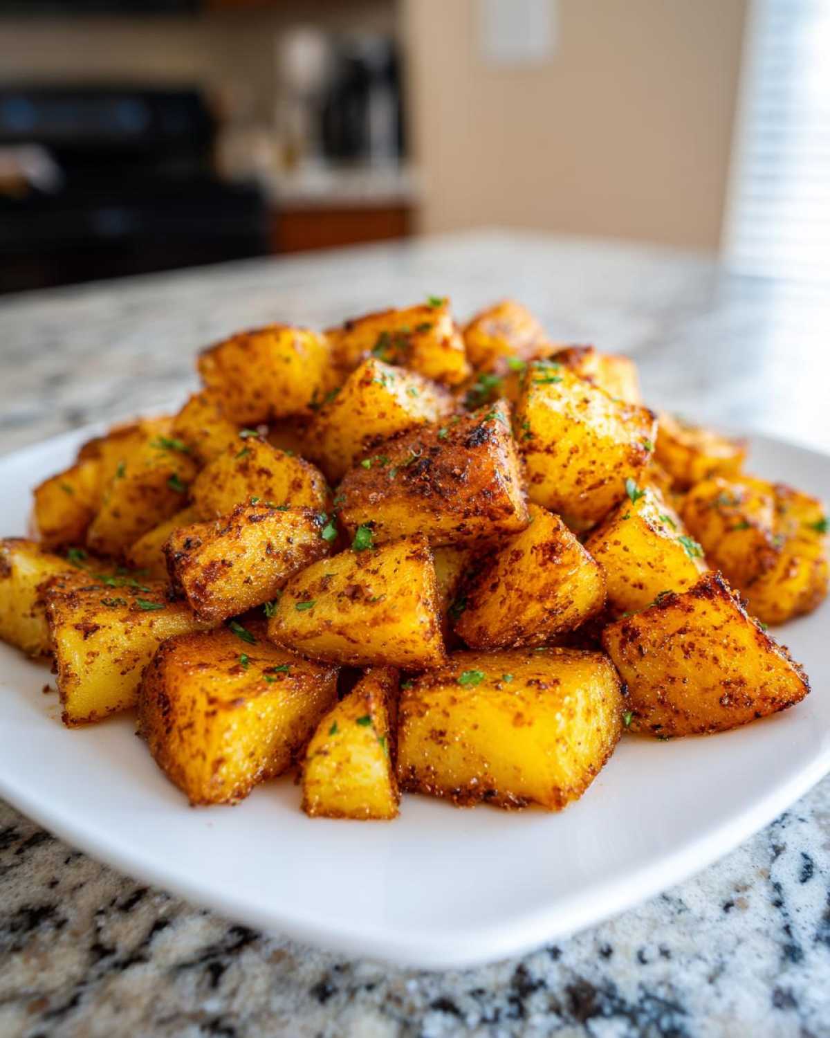 A pile of golden brown, crispy seasoned breakfast potatoes garnished with fresh parsley on a white plate.