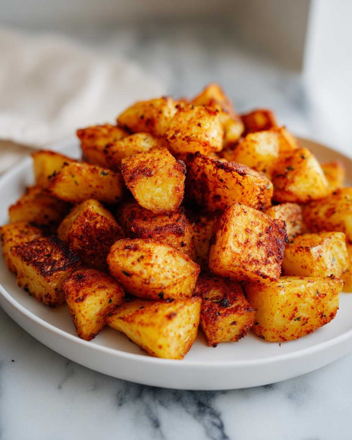 A close-up of a white plate piled high with golden brown, crispy breakfast potatoes seasoned with spices.