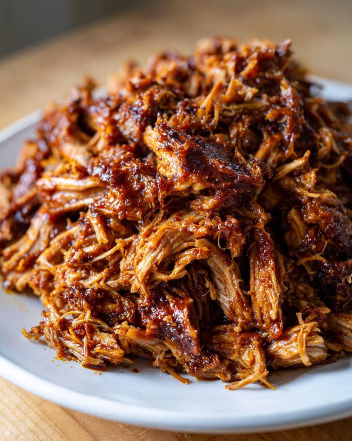 Close-up of tender, saucy crock pot pulled pork piled high on a white plate.