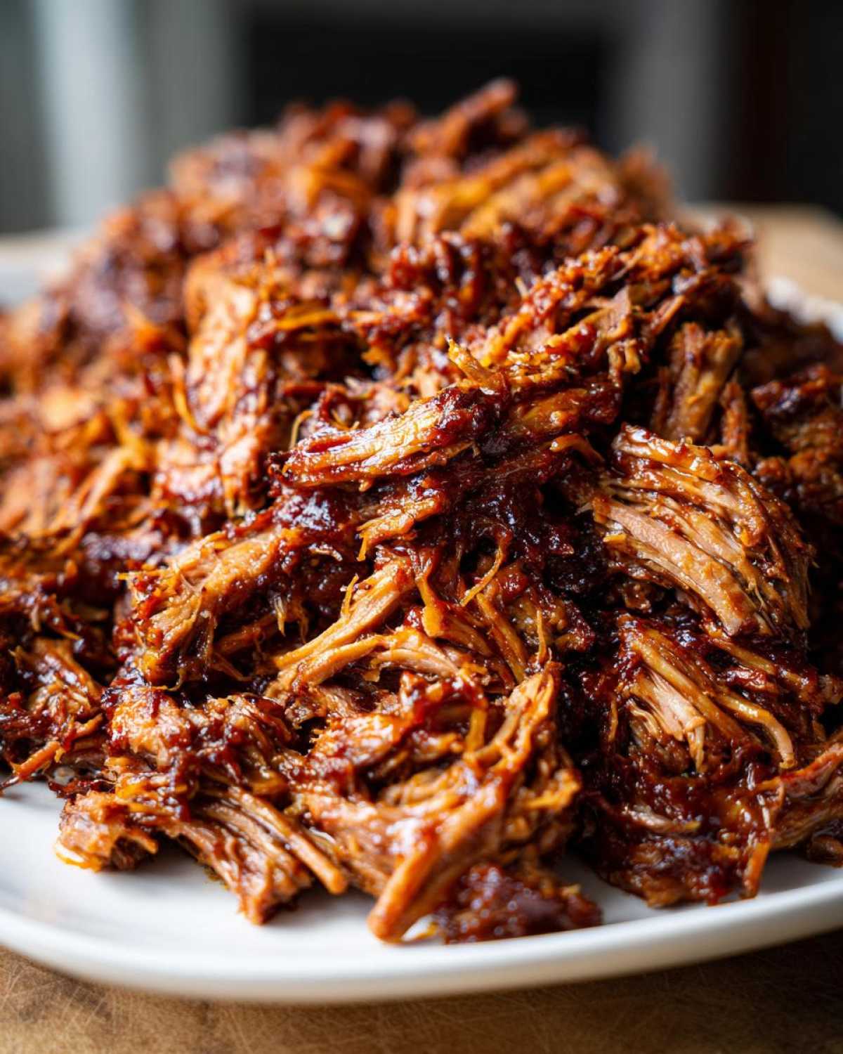 Close-up of tender, shredded crock pot pulled pork coated in rich barbecue sauce piled high on a white plate.