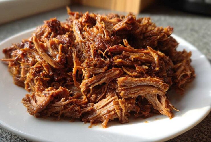 A close-up of tender, saucy crock pot pulled pork piled high on a white plate.