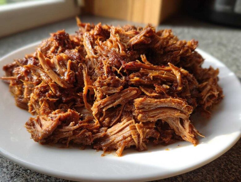 A close-up of tender, saucy crock pot pulled pork piled high on a white plate.