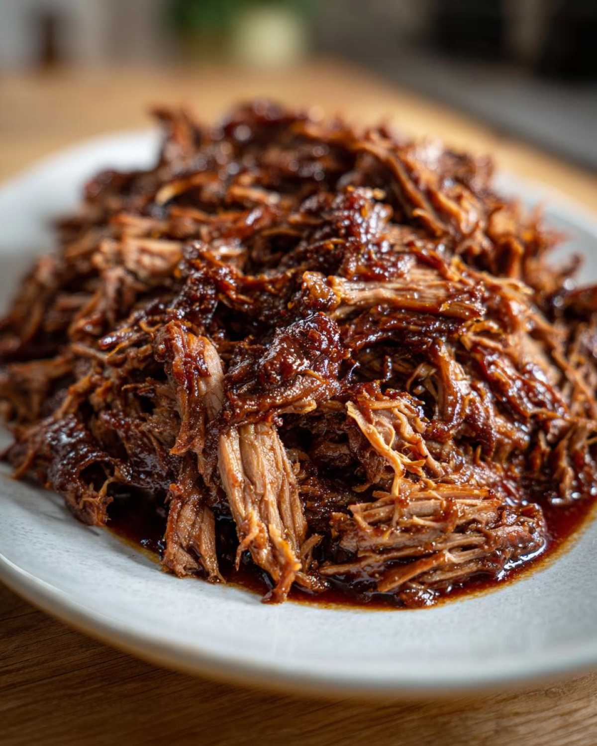 Close-up of tender, shredded crock pot pulled pork coated in a rich, dark barbecue sauce on a white plate.