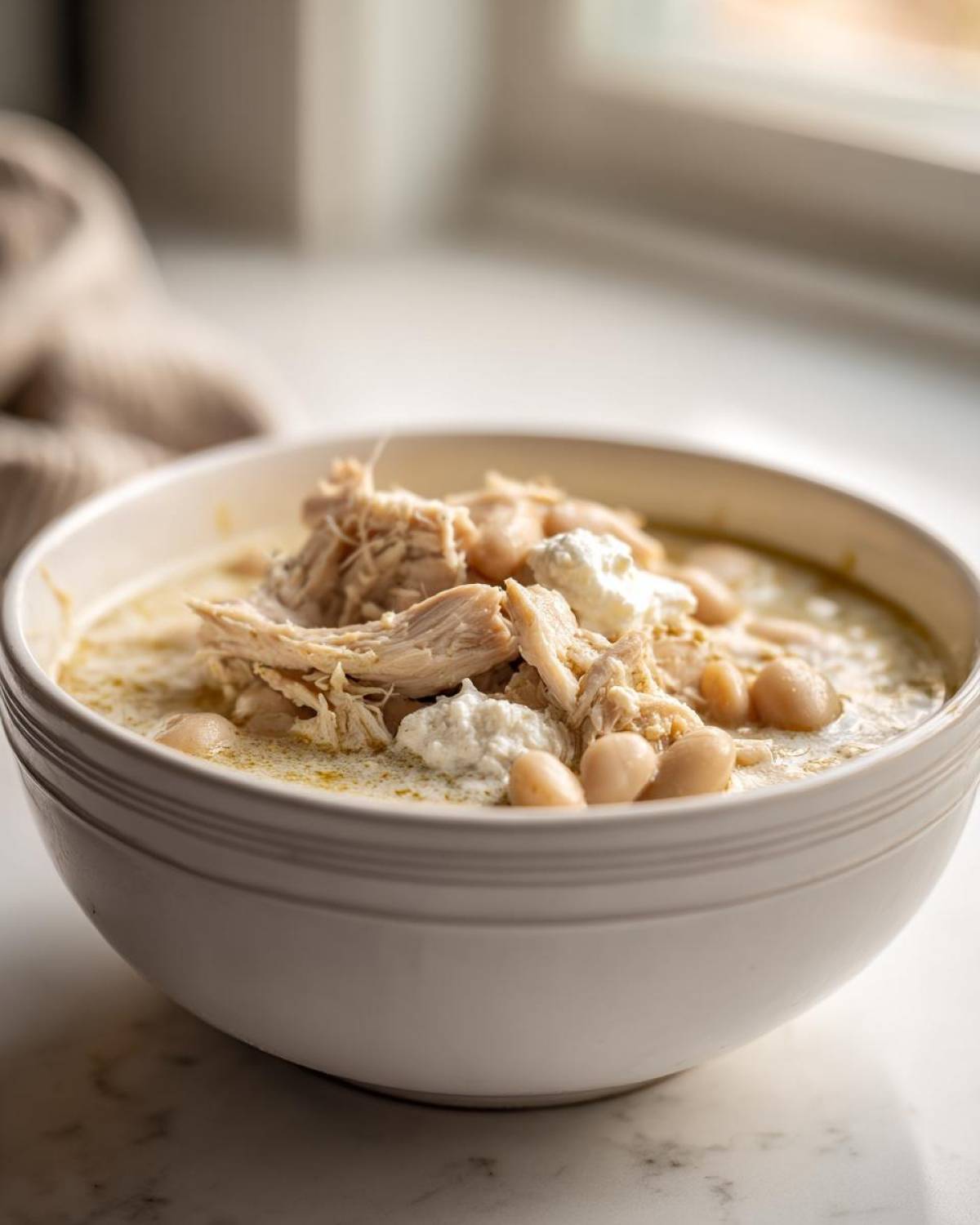 Close-up of a bowl of creamy crockpot white chicken chili topped with shredded chicken, white beans, and dollops of cheese.