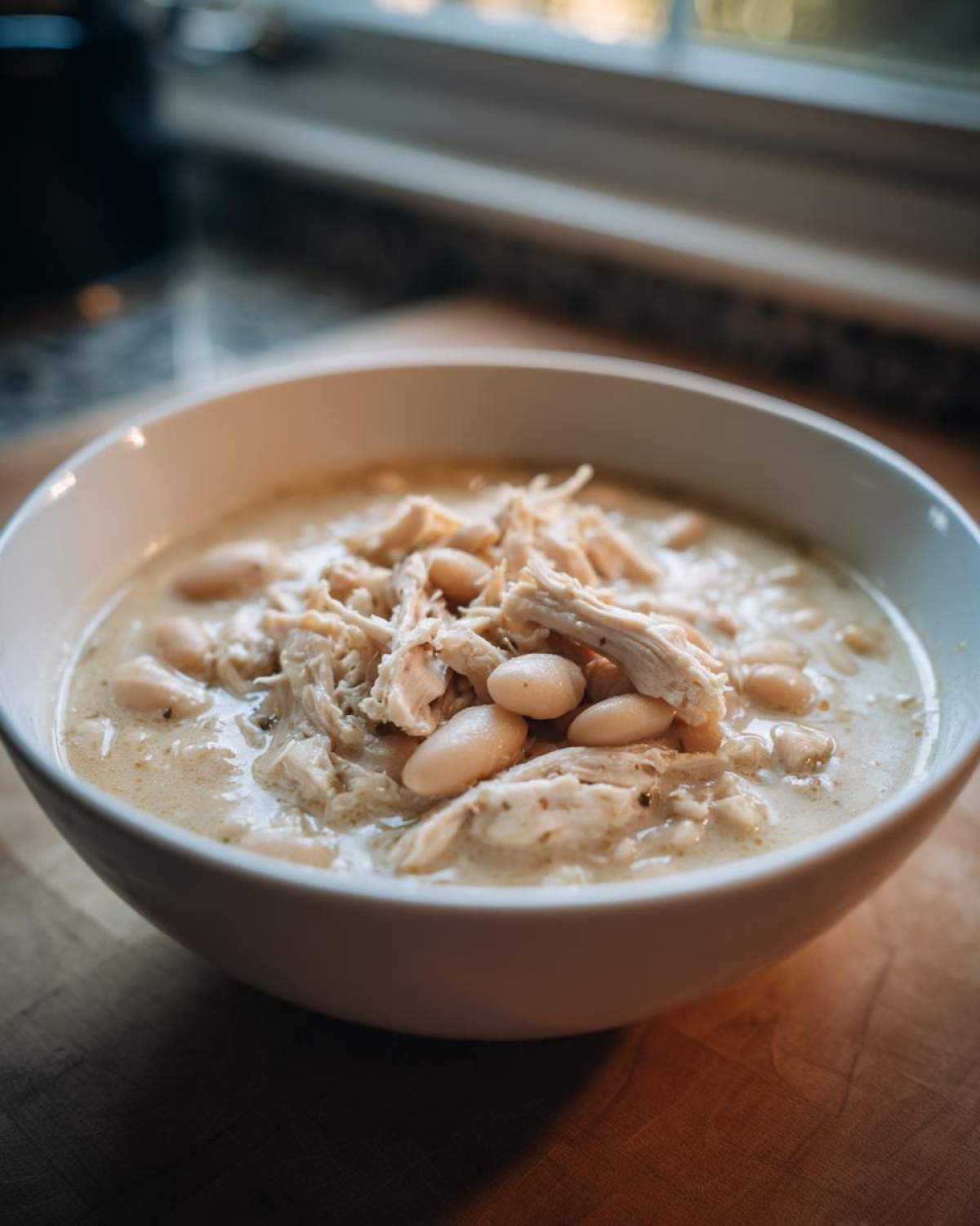 A close-up of a white bowl filled with creamy crockpot white chicken chili, featuring shredded chicken and white beans.