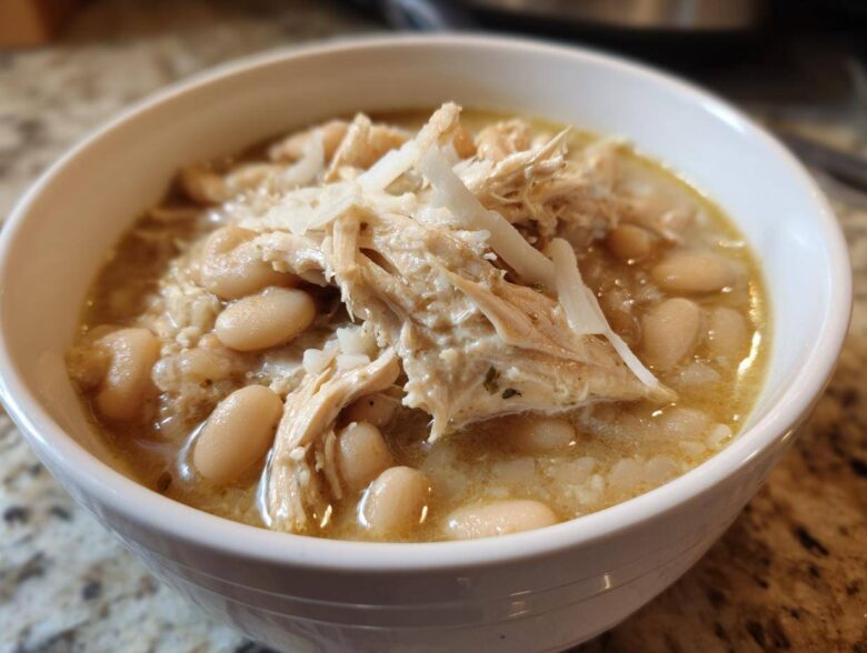 Close-up of a white bowl filled with crockpot white chicken chili, featuring shredded chicken and white beans.