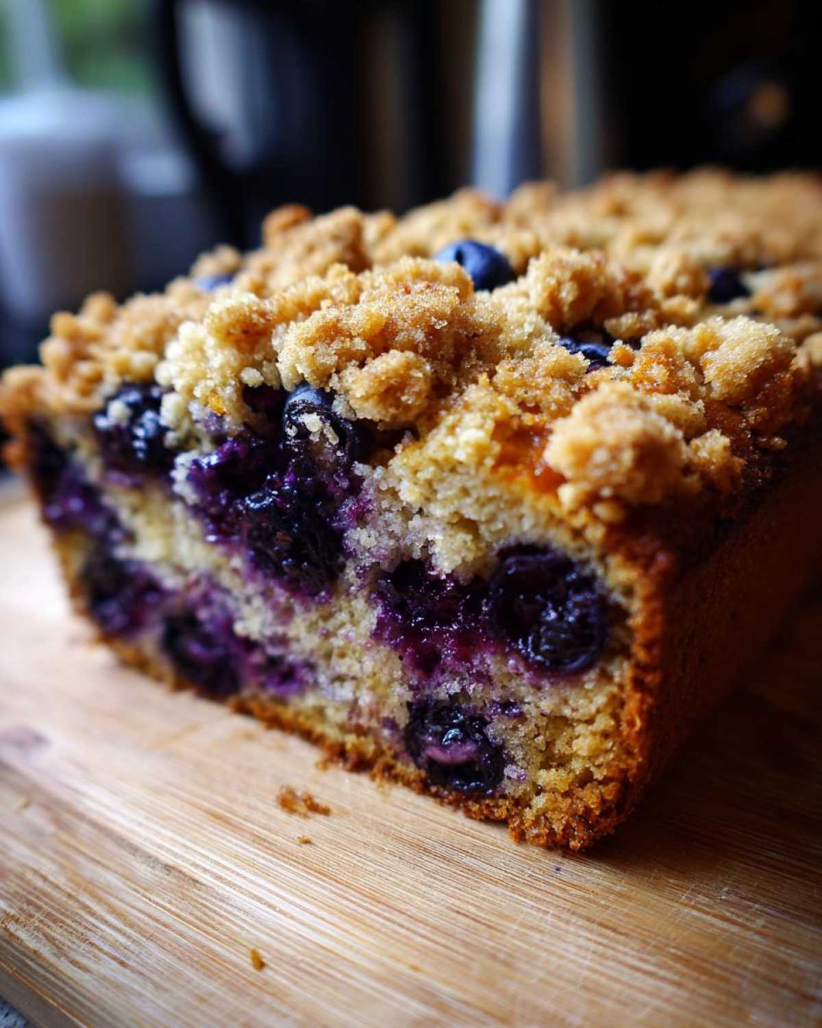Close-up of a slice of moist blueberry banana bread topped with a golden brown streusel crumb topping.