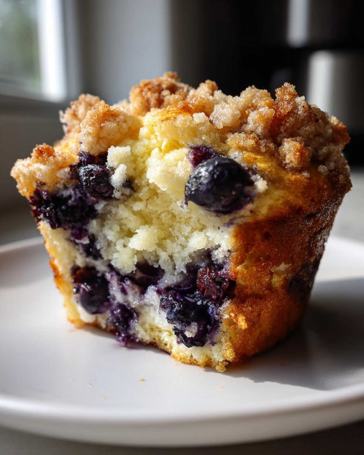 A close-up cross-section of a moist blueberry muffin showing juicy blueberries and a crunchy crumb topping.