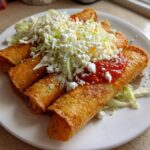 Close-up of three golden, crunchy potato tacos topped with shredded lettuce, crumbled white cheese, and red salsa.