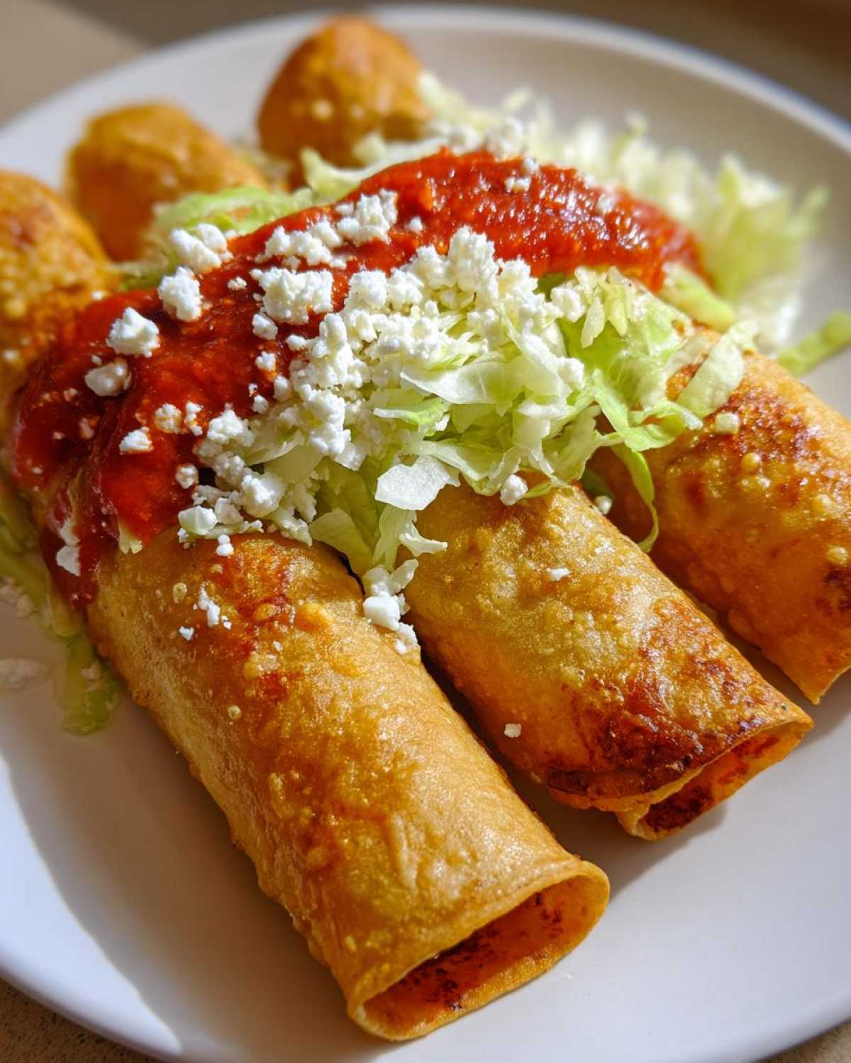 Close-up of three golden, crispy potato tacos topped with red salsa, shredded lettuce, and crumbled cotija cheese.