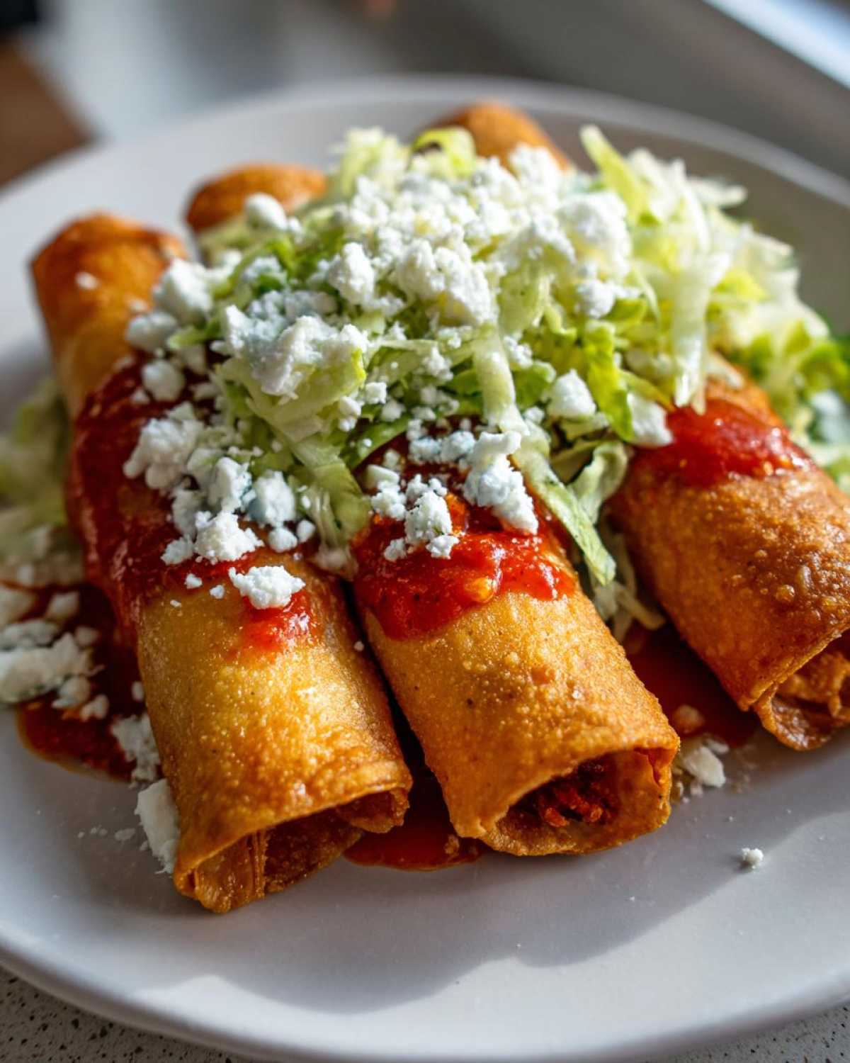 Close-up of three crispy rolled potato tacos smothered in red salsa and topped with shredded lettuce and cotija cheese.