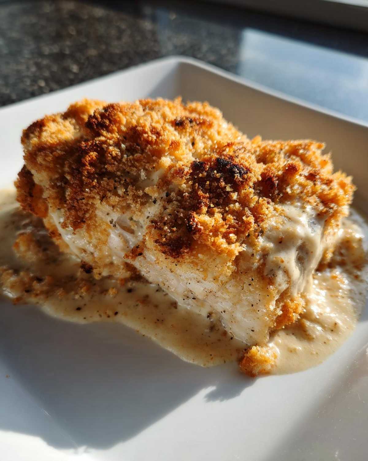 Close-up of a piece of crusted caesar chicken breast smothered in a creamy, peppered sauce on a white plate.
