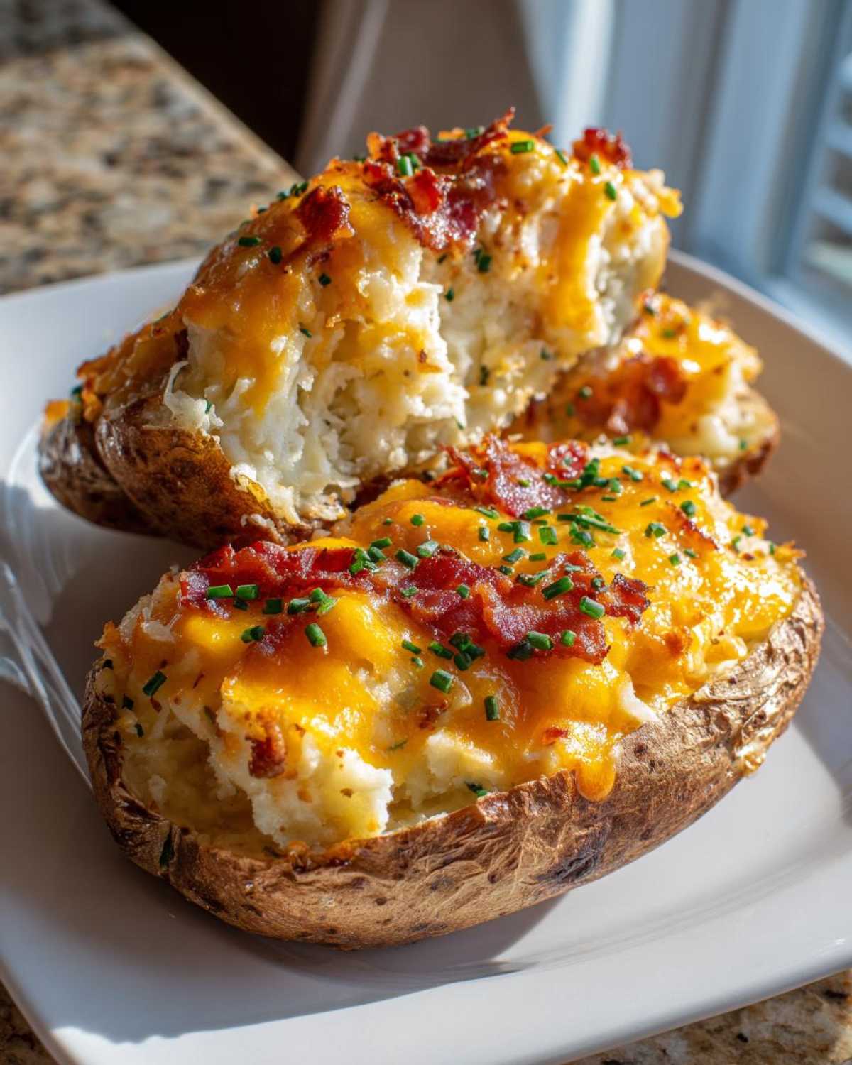 Two halves of decadent twice baked potatoes loaded with melted cheddar cheese, bacon bits, and chives on a white plate.