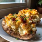 Close-up of a decadent twice baked potatoes stuffed with creamy filling, melted cheddar cheese, bacon bits, and chives.
