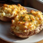 Two perfectly cooked twice baked potatoes loaded with creamy filling and topped with melted cheddar cheese and chives.