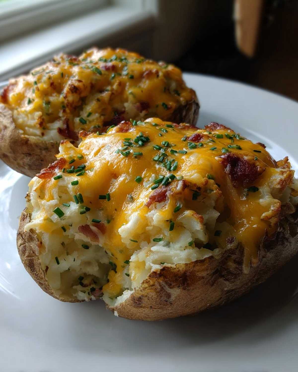Two perfectly prepared twice baked potatoes loaded with melted cheddar cheese, bacon bits, and chives.