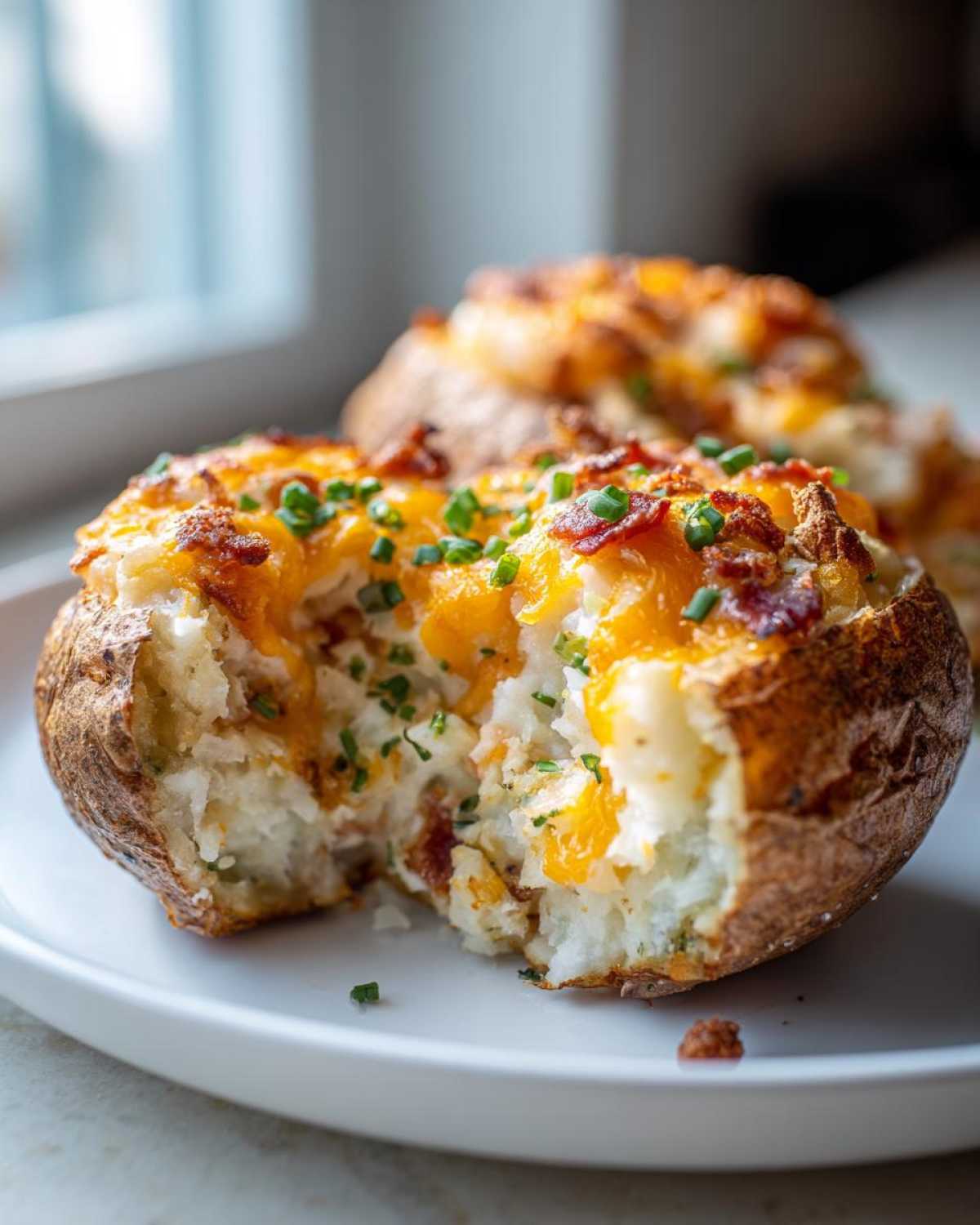 A close-up of a decadent twice baked potatoes, split open to show creamy filling, melted cheddar cheese, bacon bits, and chives.