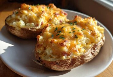 Two perfectly cooked twice baked potatoes loaded with creamy filling and topped with melted cheddar cheese and chives.