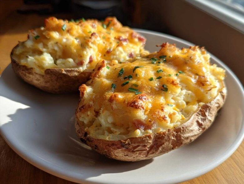 Two perfectly cooked twice baked potatoes loaded with creamy filling and topped with melted cheddar cheese and chives.