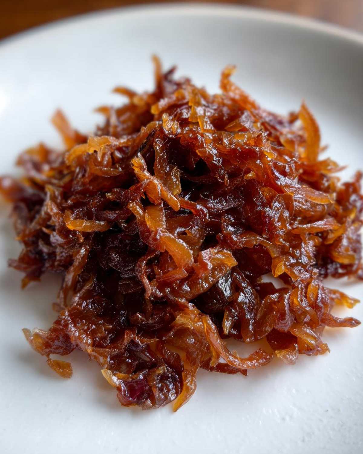 Close-up of a mound of rich, dark brown caramelized onions piled high on a white plate.