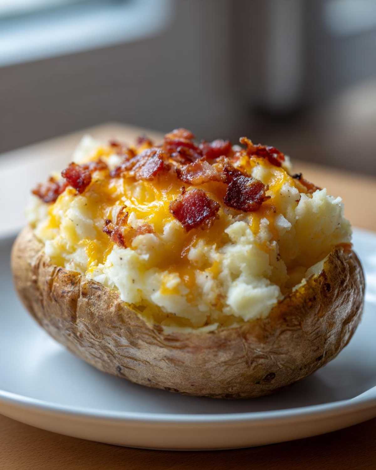 A close-up of a fluffy twice baked potato stuffed with mashed filling, topped with melted cheddar cheese and crispy bacon bits.