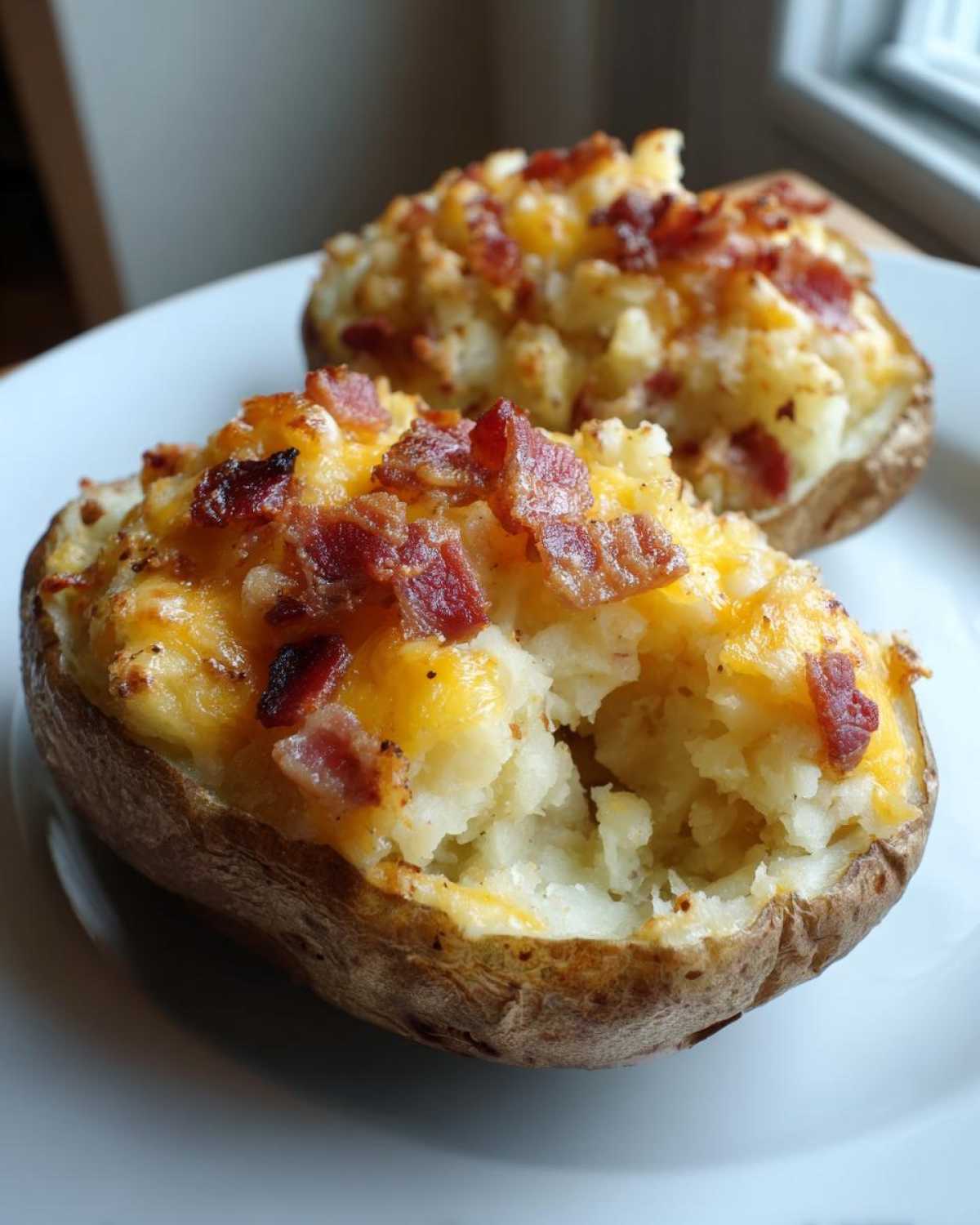 Two cheesy, bacon-topped twice baked potatoes served on a white plate, showing fluffy interior.
