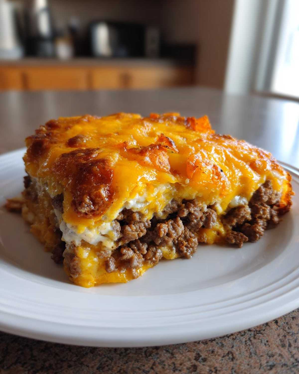 A thick slice of Dorito Casserole featuring layers of seasoned ground beef and melted cheddar cheese topping.