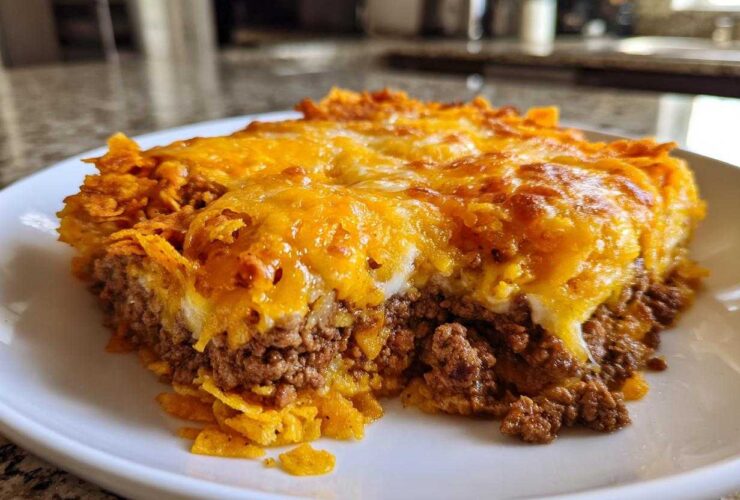 A close-up of a serving of Dorito Casserole featuring a thick layer of seasoned ground beef topped with melted cheddar cheese.