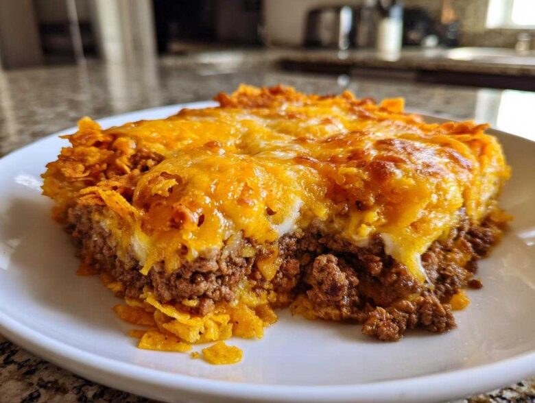 A close-up of a serving of Dorito Casserole featuring a thick layer of seasoned ground beef topped with melted cheddar cheese.