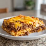 Close-up of a hearty slice of Dorito Casserole layered with seasoned ground beef and melted cheddar cheese.