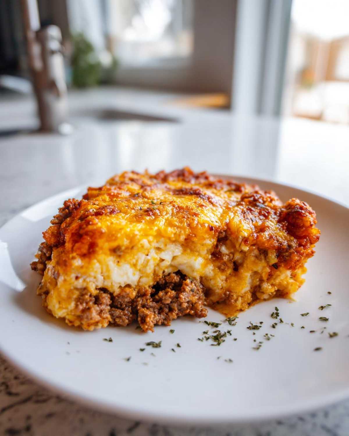 A close-up of a hearty slice of Dorito Casserole showing layers of seasoned ground meat and creamy topping with melted cheese.
