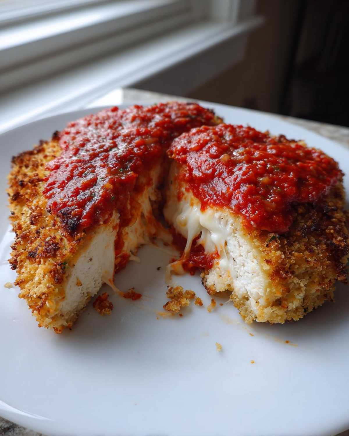 Cross-section of Easy Chicken Parmesan showing crispy breading, white chicken meat, and melted mozzarella cheese oozing out.