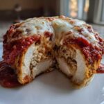 A cross-section view of an Easy Chicken Parmesan cut in half, showing the stuffed chicken breast topped with marinara sauce and melted mozzarella cheese.
