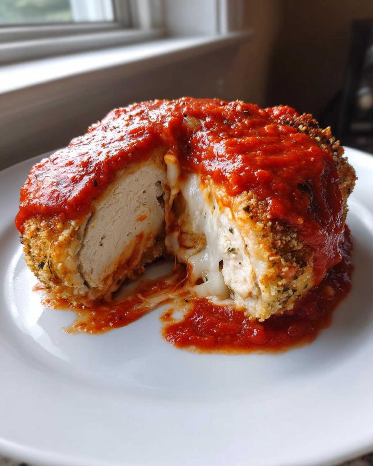 A cross-section of Easy Chicken Parmesan showing breaded chicken, melted mozzarella cheese, and rich marinara sauce.