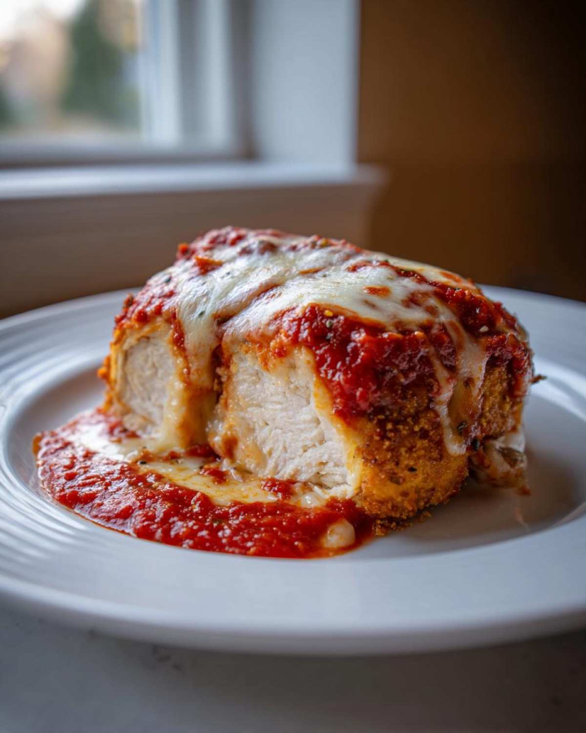 A cross-section view of Easy Chicken Parmesan showing juicy white meat, crispy breading, marinara sauce, and melted mozzarella cheese.