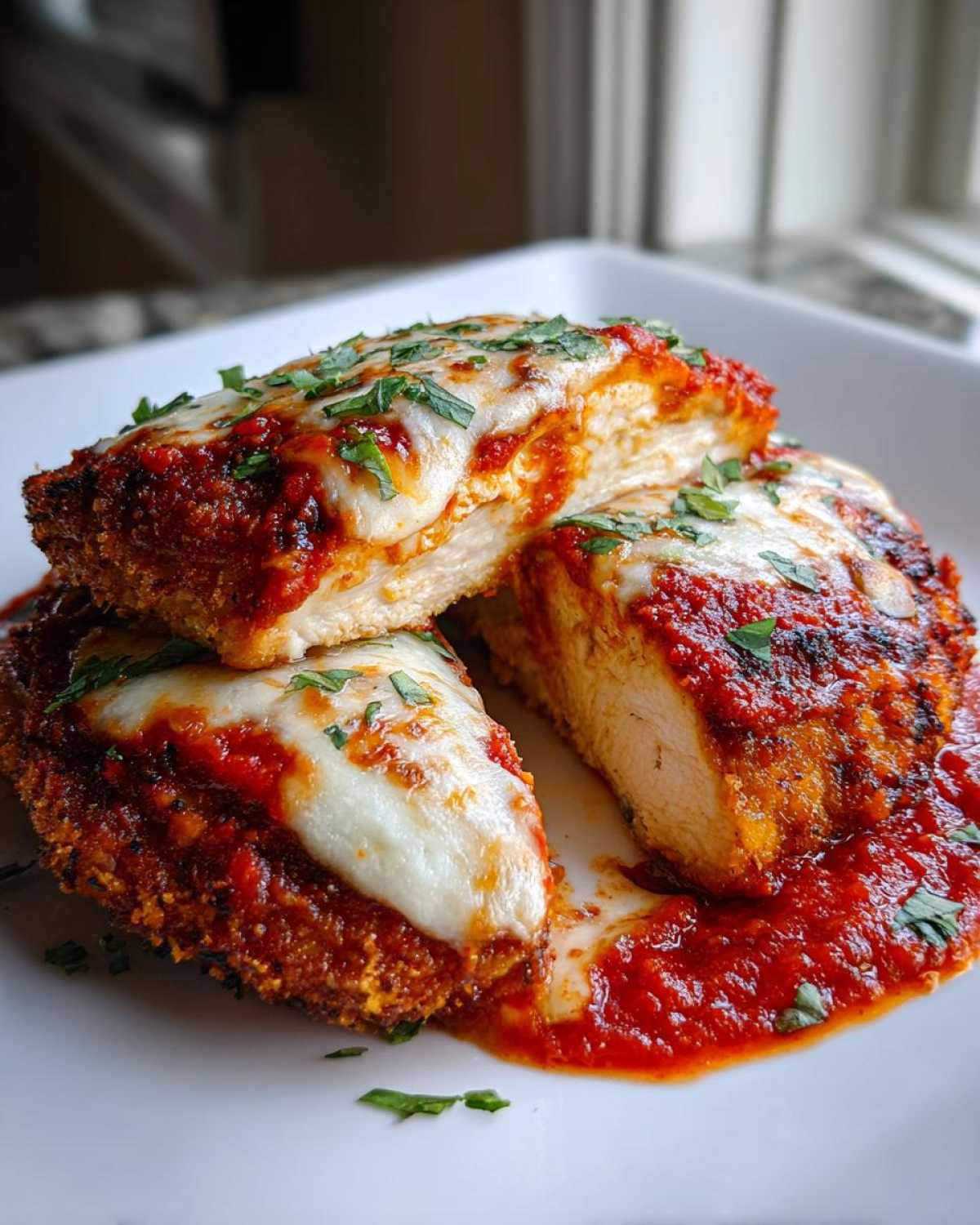 Close-up of Easy Chicken Parmesan cut in half, showing juicy chicken, marinara sauce, and melted mozzarella cheese, garnished with parsley.