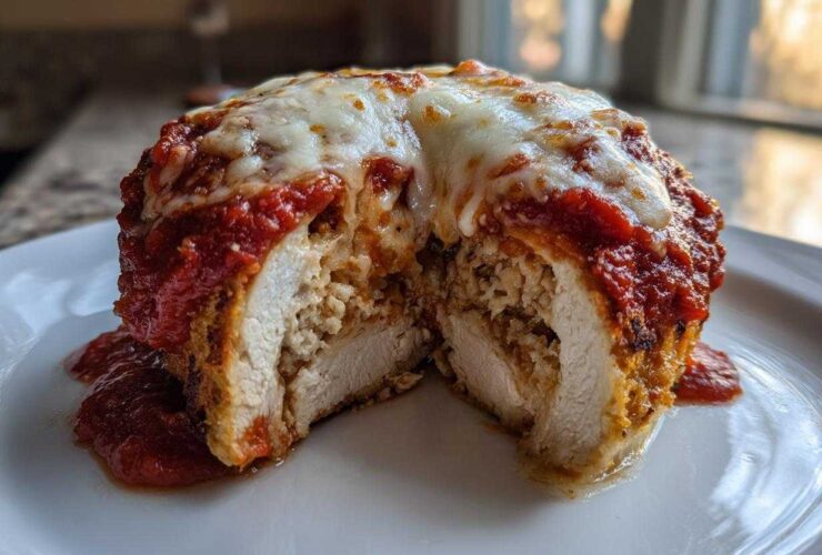 A cross-section view of an Easy Chicken Parmesan cut in half, showing the stuffed chicken breast topped with marinara sauce and melted mozzarella cheese.