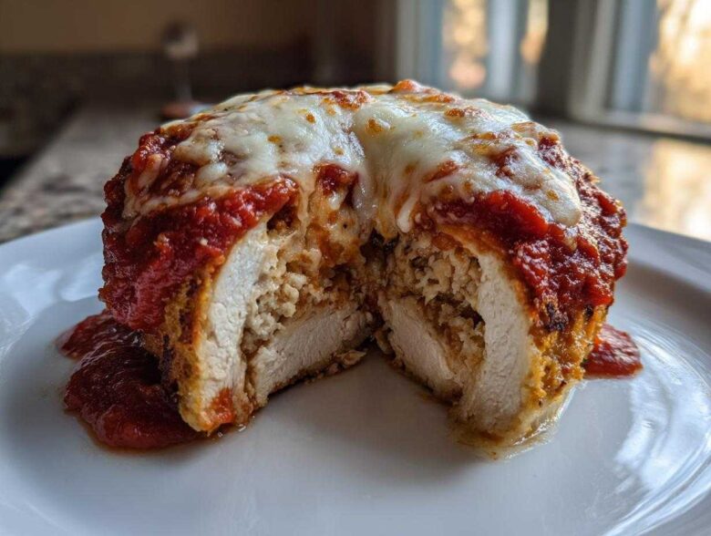 A cross-section view of an Easy Chicken Parmesan cut in half, showing the stuffed chicken breast topped with marinara sauce and melted mozzarella cheese.
