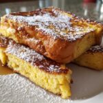 Close-up of thick-cut, golden brown easy french toast slices dusted heavily with powdered sugar on a white plate.