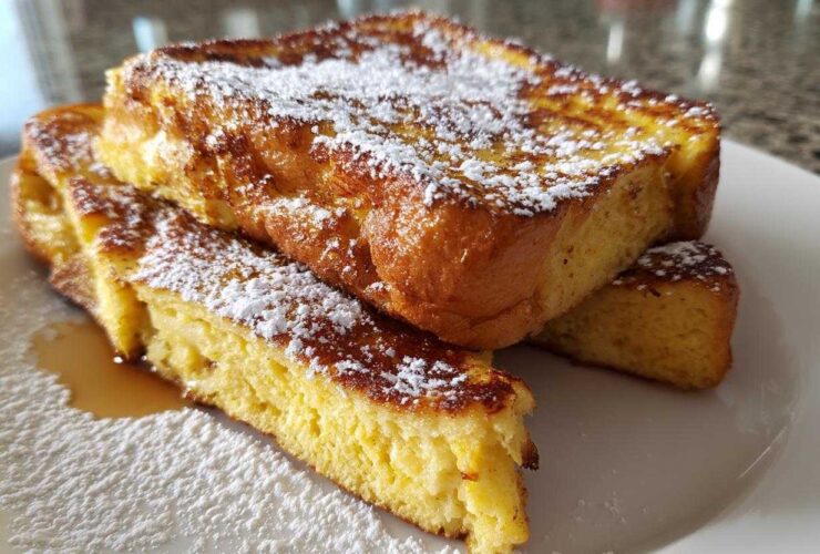 Close-up of thick-cut, golden brown easy french toast slices dusted heavily with powdered sugar on a white plate.