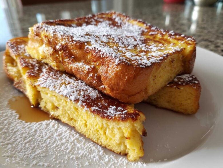 Close-up of thick-cut, golden brown easy french toast slices dusted heavily with powdered sugar on a white plate.
