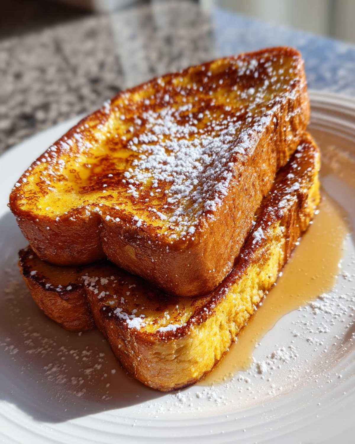 Close-up of a stack of thick, golden easy french toast dusted with powdered sugar and drizzled with syrup.