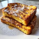 Close-up of three slices of golden brown easy french toast stacked and dusted with powdered sugar.