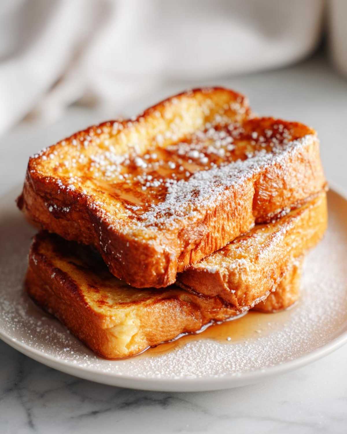 A stack of golden brown easy french toast slices drizzled with syrup and dusted with powdered sugar.