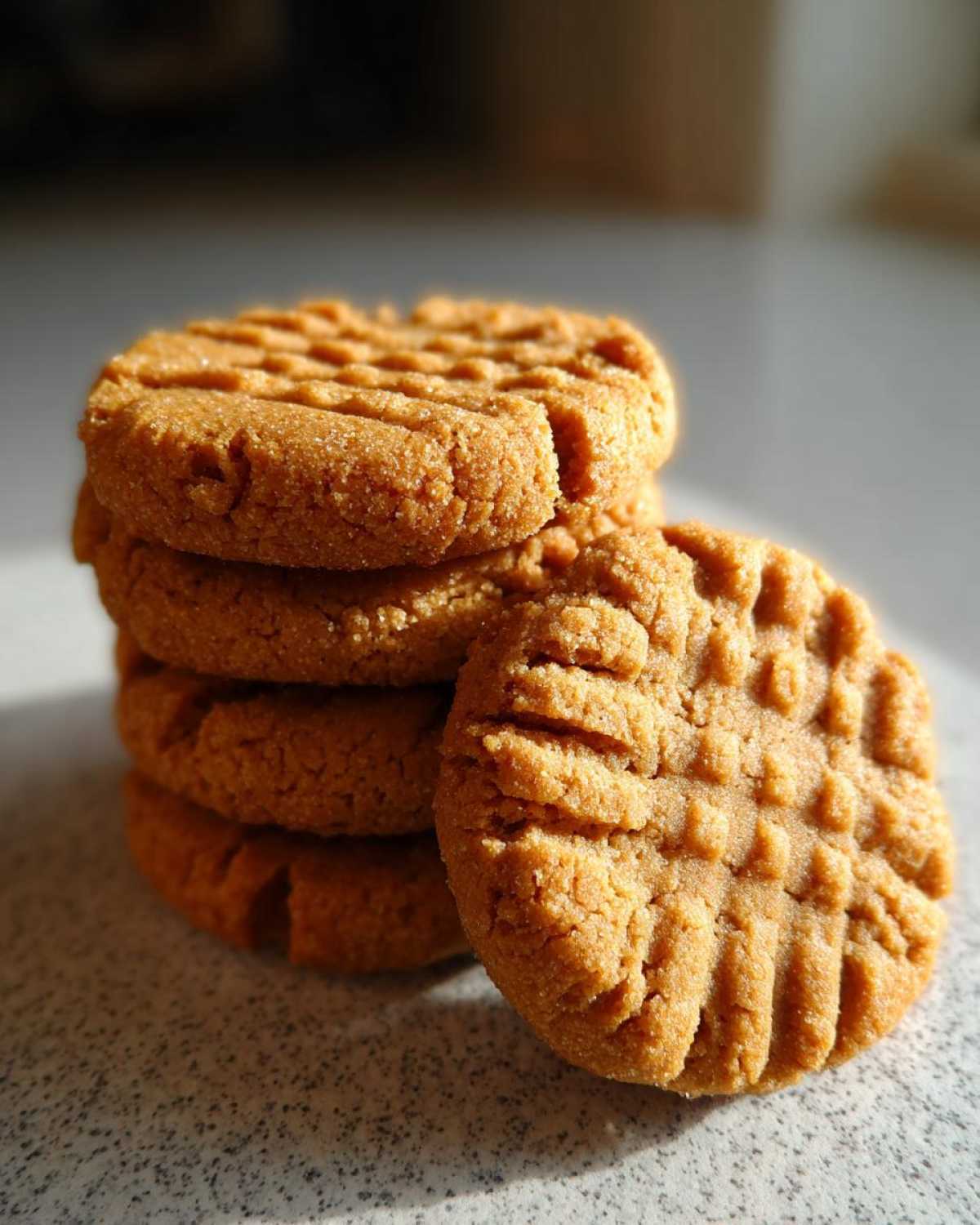 A close-up stack of four Easy Peanut Butter Cookies, with one resting beside the stack, showing classic cross-hatch fork marks.