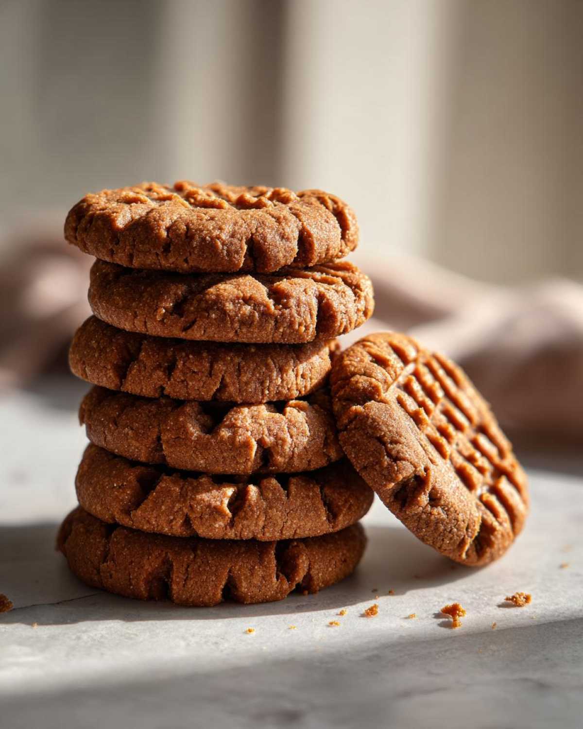 A stack of five perfectly baked Easy Peanut Butter Cookies with crosshatch fork marks, leaning against one cookie.